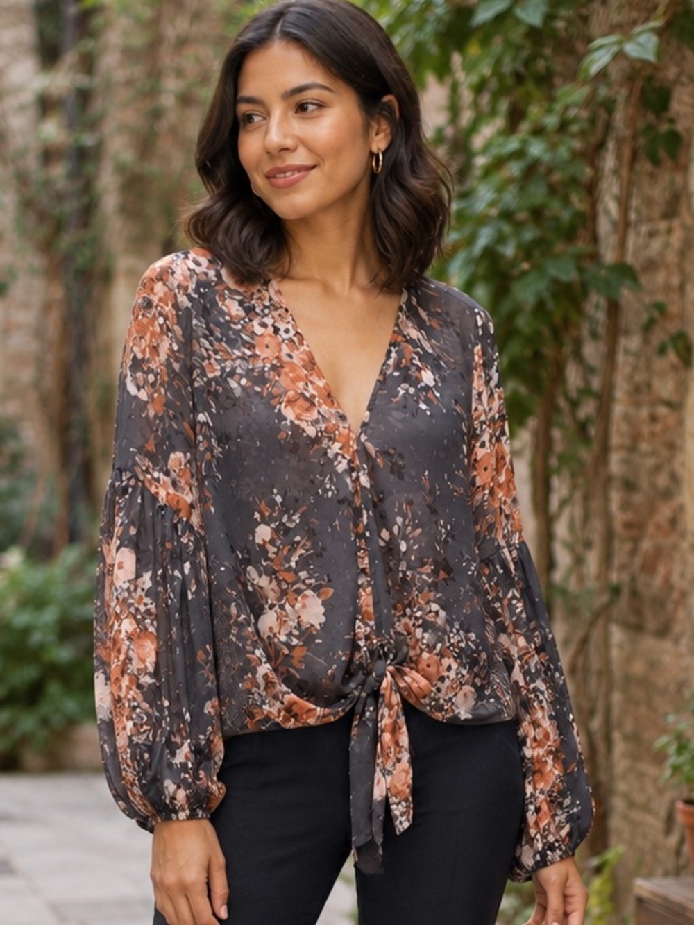 lovestitch Charcoal & Rust Floral Tie-Front Blouse